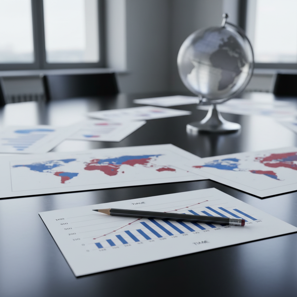 A polished black conference table supports a neatly arranged spread of printed economic charts and political maps, each with precise lines, muted blues, and deep red accents. A single, high-quality graphite pencil lies centered atop a bar graph labeled with generic axes. A minimalist globe made of matte metal and frosted glass stands slightly out of focus at the far end of the table. Cool, diffused daylight from a large side window illuminates the scene, creating gentle reflections on the table’s surface. Captured from a slightly elevated angle with sharp focus in the foreground and soft bokeh behind, the photograph conveys a calm, methodical, and professional mood, ideal for illustrating analytical commentary on global current affairs.