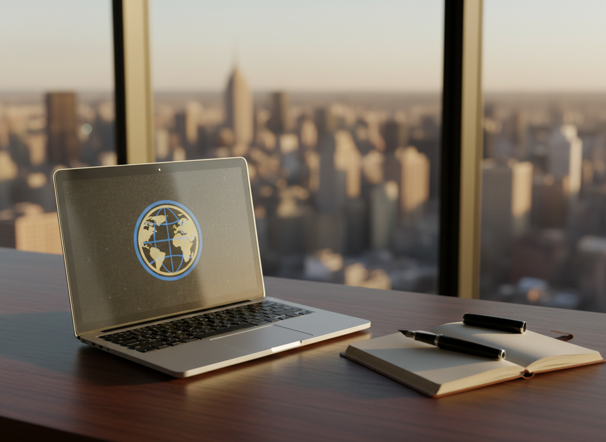 A sleek, closed silver laptop with a brushed aluminum finish sits on a dark wooden desk, its screen reflecting a faint, abstract world map icon glowing softly on the lid. Beside it, a slim leather notebook lies open with a single black fountain pen resting diagonally across blank, ivory pages. In the background, a blurred city skyline is visible through a large glass window. Late afternoon natural light streams in, casting clean, directional shadows and subtle highlights on the metal surfaces. Shot at eye level with a shallow depth of field, the composition feels balanced and uncluttered, evoking a professional, analytical atmosphere. The photographic realism emphasizes crisp details and a modern, focused mood suitable for a current affairs blog homepage.